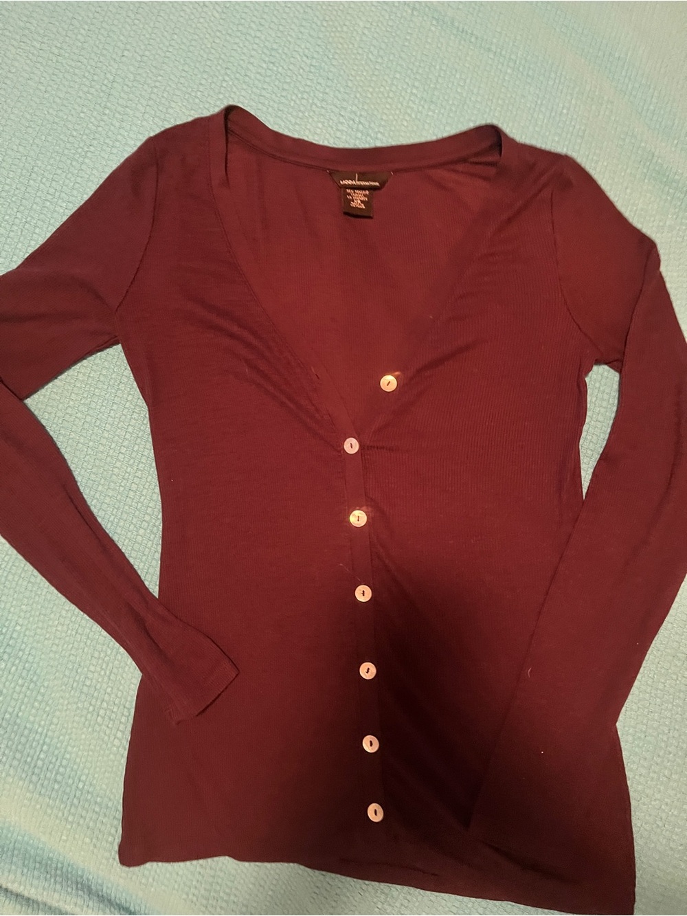 Moda Long Sleeve Ribbed Button-Front Top - Burgundy